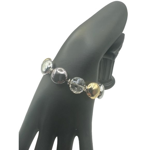 Multi Toned Metallic and Crystal Stretch Bracelet Silver Gold Black Smoke 7.5 in - Picture 2 of 5